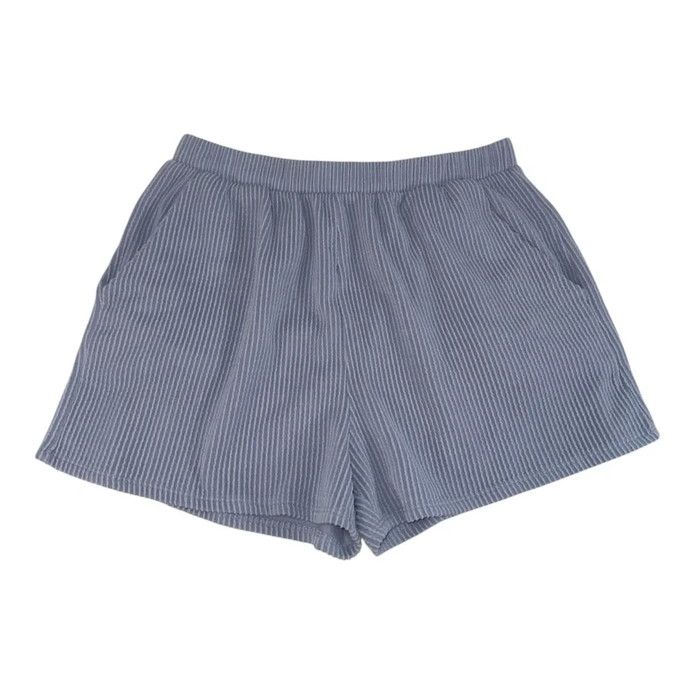Tres Bien Blue Ribbed Lounge Set Oversized Top and Matching Casual Shorts Size M